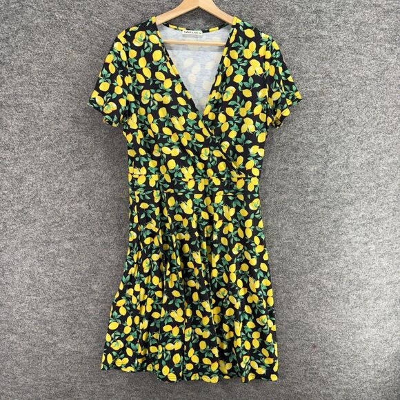 MS Basic Dress Women XL Black Lemon Print Sheath Midi V-Neck Short Sleeve Casual - Picture 1 of 7